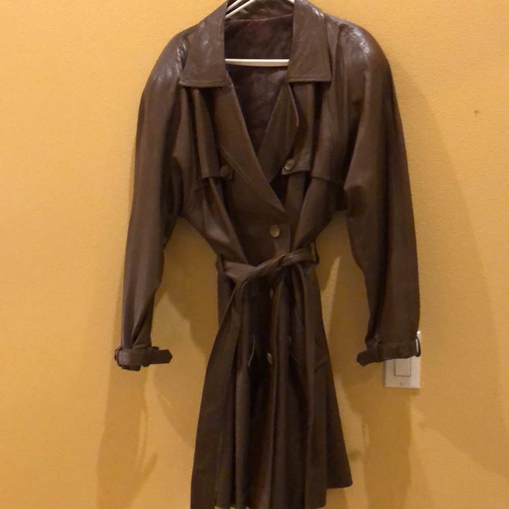 Brown  Leather Belted Trench Coat